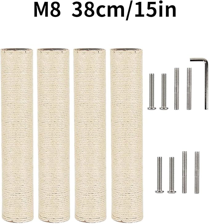 BNOSDM 4 Pcs M8 15”x2.75” Cat Tree Scratching Post Replacement Parts for Indoor Cats Tower Rope Scratch Poles Refill Sisal Pole Part for Refurbishment Hemp Kitty Furniture Accessories Spare - PAWPICO