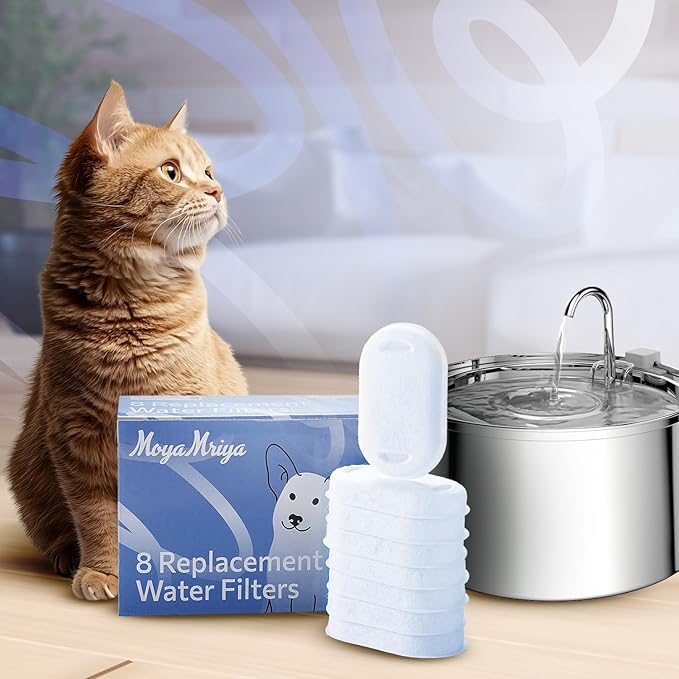 Cat Water Fountain Filters, Replacement Filters for 67oz/2L & 108oz/3.2L Stainless Steel Pet Fountains, Includes 8 Filters & 8 Sponges, Easy to Install and Clean - PAWPICO