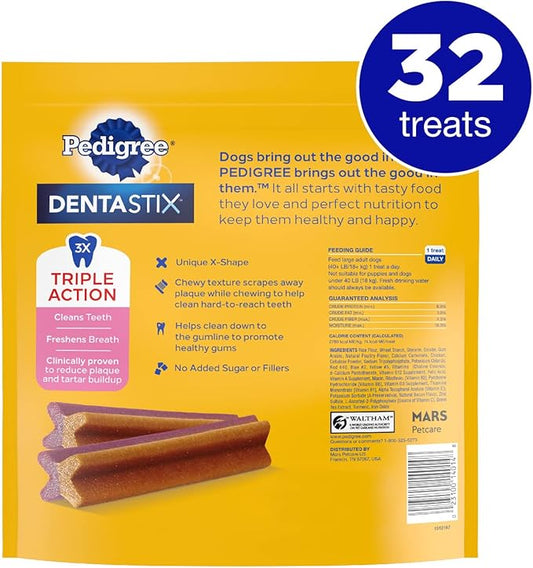 PEDIGREE DENTASTIX Dual Flavor Large Dog Dental Treats, Bacon & Chicken Flavors Dental Bones, 1.47 lb. Pack (32 Treats) - PAWPICO