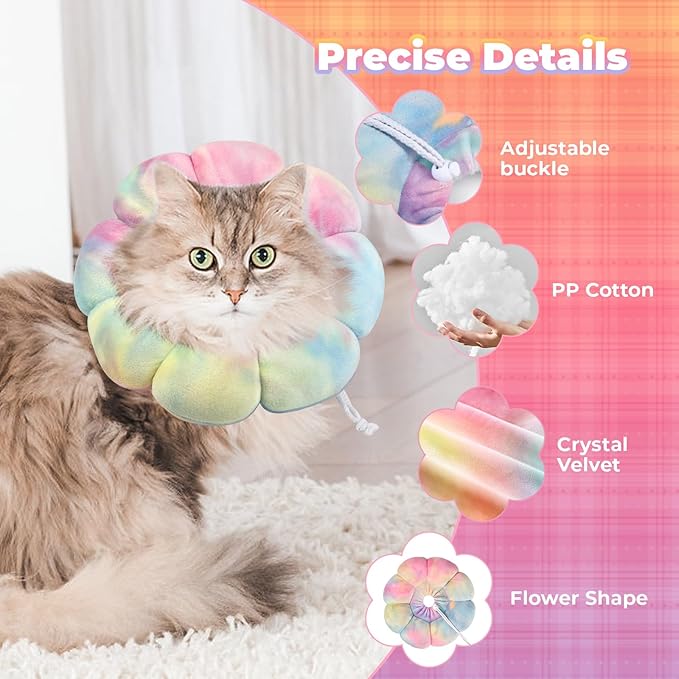 Flower Cat Cone, Uadonile Adjustable Cat Cone Collar, Soft Dog Elizabethan Collar Recovery E Collar After Surgery, Recovery E-Collar for Kittens/Puppies and Cats Recovery(Tie-dye Pink Blue, L) Uadonile