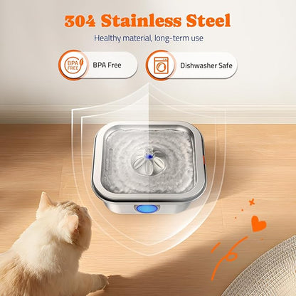 Cat Water Fountain Stainless Steel, 4L/135oz Pet Fountain, Automatic Dog Drinking Dispenser with Water Level Window, Filter, Quiet Pump, Silver - PAWPICO