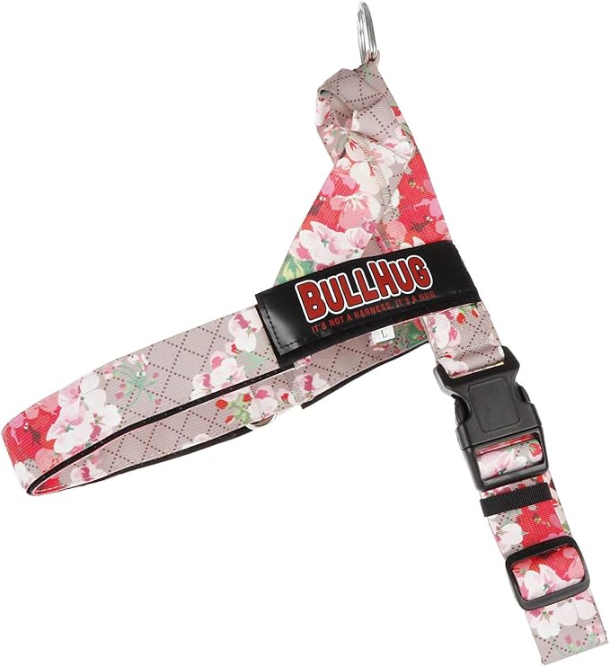 BULLHUG Harness – Made for Larger Chested Dogs Like English Bulldogs, French Bulldogs, Pugs & More. Stops Dogs from Pulling & Choking on Walks (Pink Floral, Large) BULLHUG