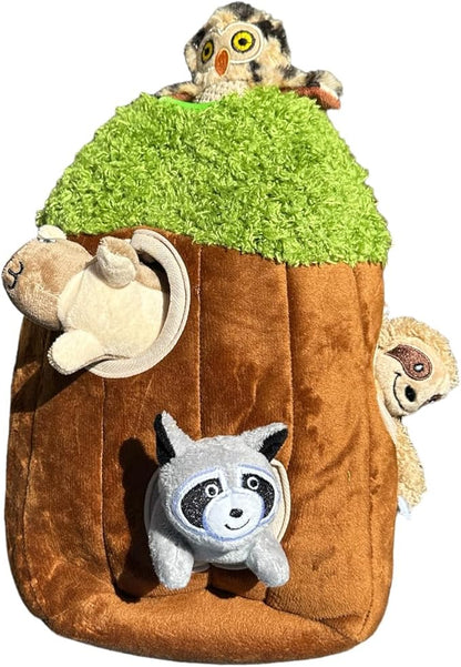 Animals in Tree Hide and Seek Dog Toy for Small and Medium Size Dogs, Plush Animials Inside Trunk Dog Toy with Squeaker, Interactive Burrow Dog Toy. (Medium Tree with Raccoon, Squirrel, Sloth and Owl) - PAWPICO