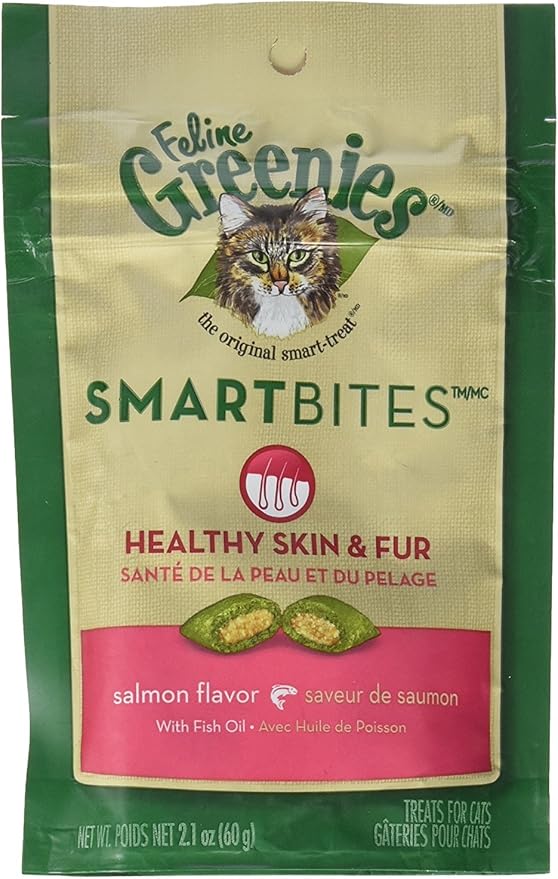 Greenies Feline SMARTBITES Skin & Fur Salmon 2.1oz - Six (6) Packages GREENIES