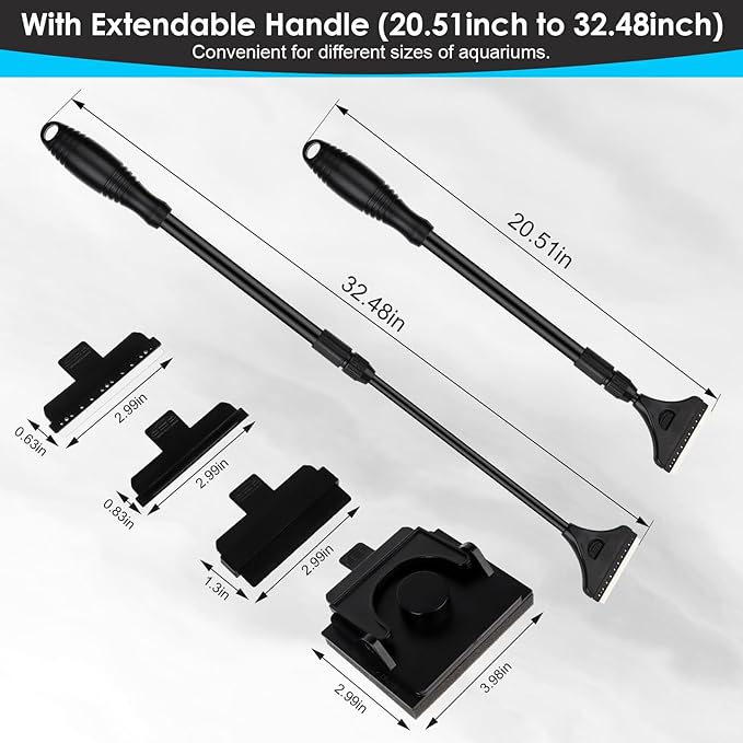 AQQA 4-in-1 Aquarium Cleaning Tools, Multifunctional Aquarium Glass Cleaner Algae Scraper for Glass Aquariums for Aquariums of Various Sizes with Telescopic Handle, 4 Cleaning Heads AQQA