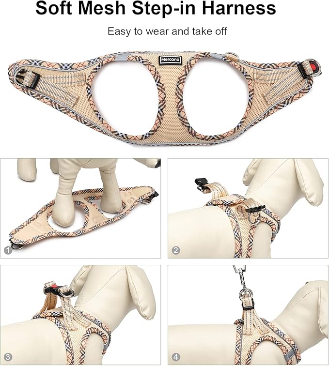 Mercano Soft Mesh Dog Harness and Leash Set, No-Chock Step-in Reflective Breathable Lightweight Easy Walk Vest Harnesses with Safety Buckle for Small Medium Dogs, Cats (Beige, S) PAWPICO