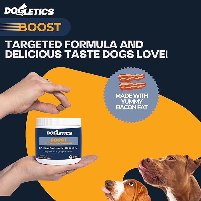 Boost Active Dog Support: Improve Energy, Endurance, Recovery & Longevity- 90ct USA Made with Real Bacon Dogletics