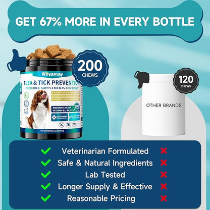 Flea and Tick Prevention for Dogs Chewables, 200 Soft Treats, Natural Dog Flea and Tick Treatment, Oral Flea Pills for Dogs Supplement, Flea and Tick Chews for Dogs Puppies, All Breeds & Sizes Woyamay