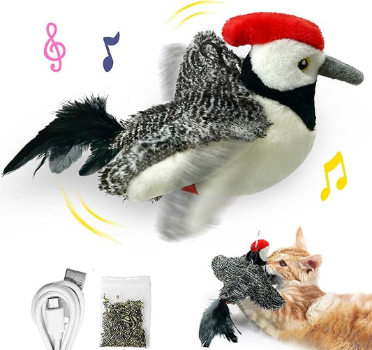 LEWISER Woodpecker Cat Toys, Rechargeable Simulation Bird Cat Toy, Flapping Wings and Lively Chirping, Interactive Catnip Toys for Kitten Kitty Exercise, Touch Activated - PAWPICO