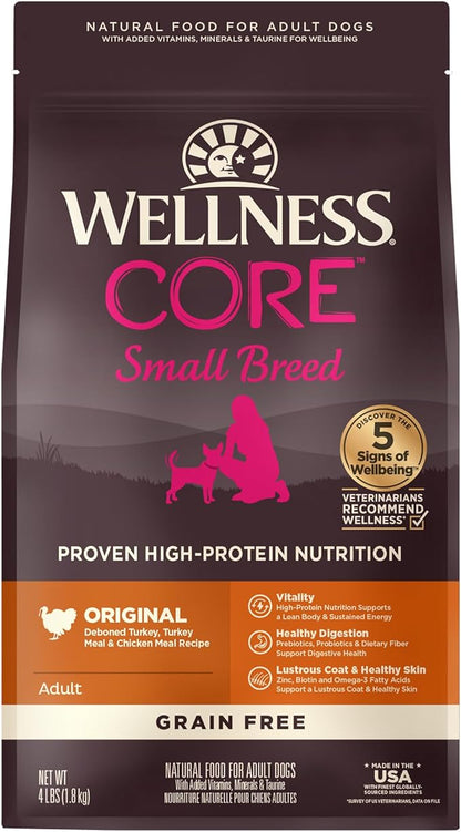 Wellness Natural Pet Food CORE Grain-Free High-Protein Small Breed Dry Dog Food, Natural Ingredients, Made in USA with Real Meat (Adult, Turkey, 4-Pound Bag) - PAWPICO