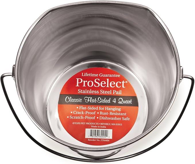 ProSelect Stainless Steel Flat Sided Pails — Durable Pails for Fences, Cages, Crates, or Kennels - 8", 4-Quart PetEdge