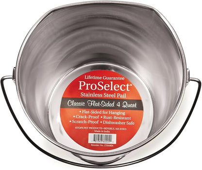 ProSelect Stainless Steel Flat Sided Pails — Durable Pails for Fences, Cages, Crates, or Kennels - 8", 4-Quart PetEdge