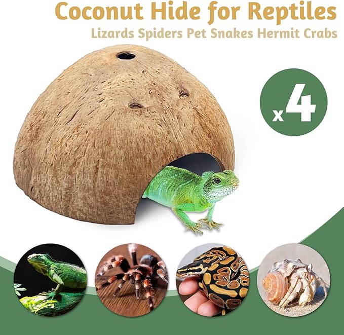PINVNBY 4 PCS Natural Coconut Reptile Hideouts Lizard Coco Hut Hermit Crab Hut Aquarium Fish Hide Cave Spider Snail Climber Toys PINVNBY