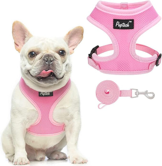 PUPTECK Soft Mesh Dog Harness and Leash Set Pet Puppy Cat Comfort Padded Vest No Pull Harnesses, Solid Pink, L PUPTECK