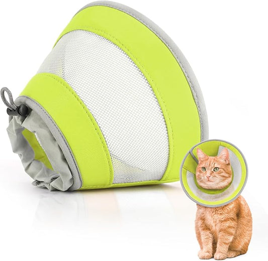 Cat Cone, Breathable Cat Cone Collar Soft, Adjustable Cat Cone to Stop Licking, Water Resistant Neck Cone for Cats with Air Mesh, Protective Cat Recovery E Collar for Cat Kitten（Green,M-2 GoGoPaw