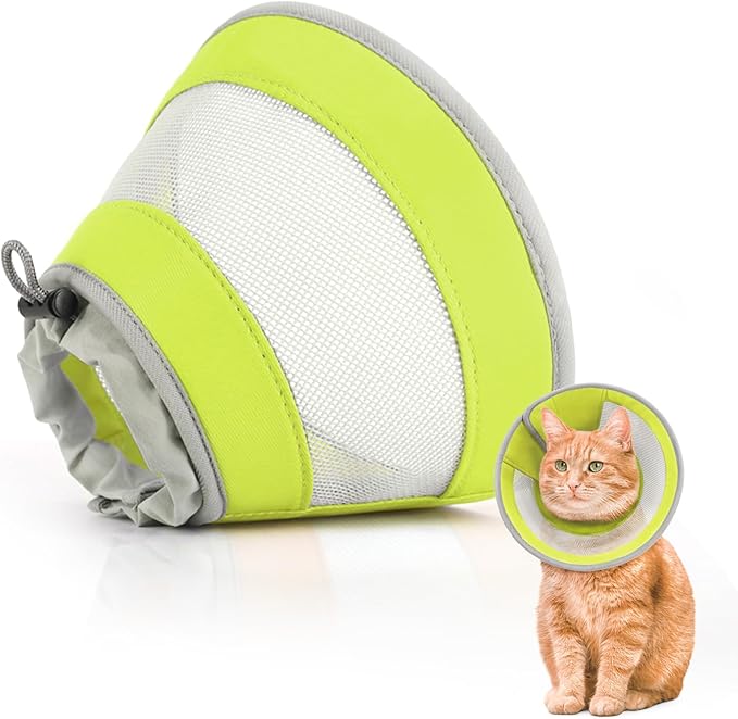 Cat Cone, Breathable Cat Cone Collar Soft, Adjustable Cat Cone to Stop Licking, Water Resistant Neck Cone for Cats with Air Mesh, Protective Cat Recovery E Collar for Cat Kitten（Green, S-2 GoGoPaw