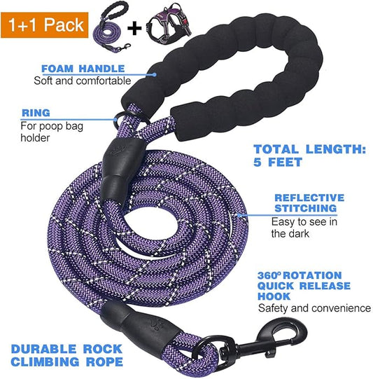 No Pull Dog Harness Adjustable Reflective Oxford Easy Control Medium Large Dog Harness with A Free Heavy Duty 5ft Dog Leash (M (Neck: 14.5"-20.5", Chest: 22"-28"), Purple Harness+Leash) tobeDRI