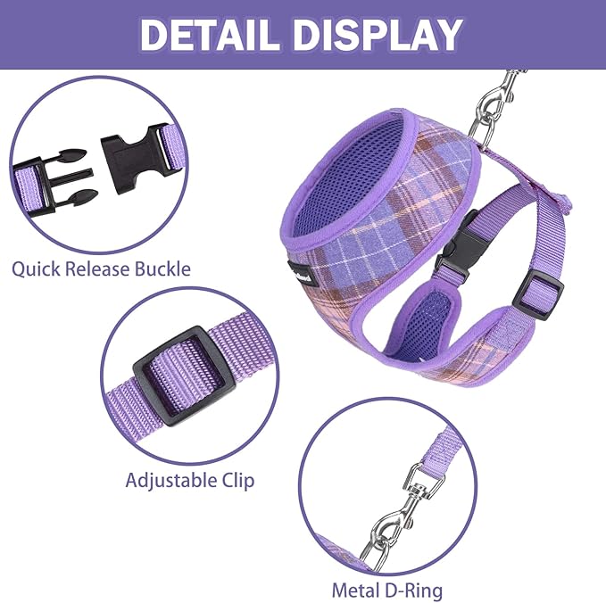 SCENEREAL Puppy Dog Harness with Leash Set for Small Medium Sized Dogs, Soft Mesh Step in Pet Harnesses and Leash, No Chock Plaid Adjustible No Pull Vest for Dogs Cats, Chihuahua,Bulldog (Purple S) SCENEREAL