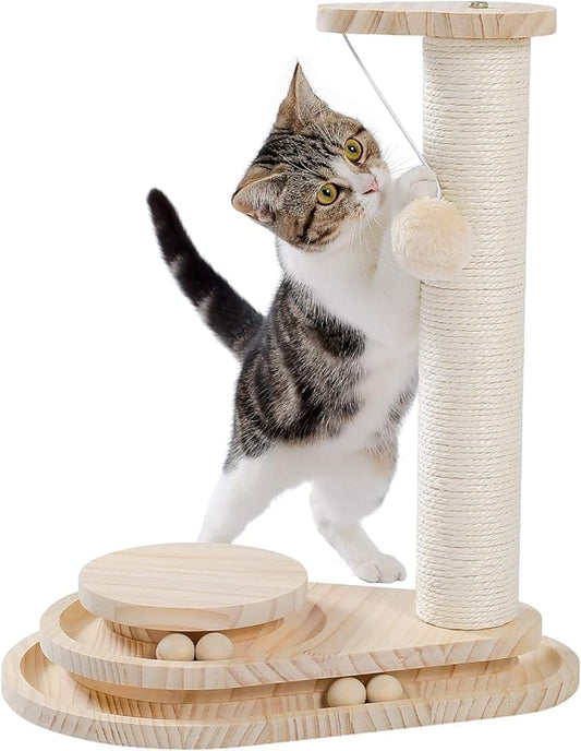 Made4Pets Cat Scratching Post Cat Scratcher Kitten Toys for Indoor Cats Wooden Ball Track Two-Layer Modern Sisal 17.7" Tall Scratch Post Interactive Toy with Dangling Ball - PAWPICO