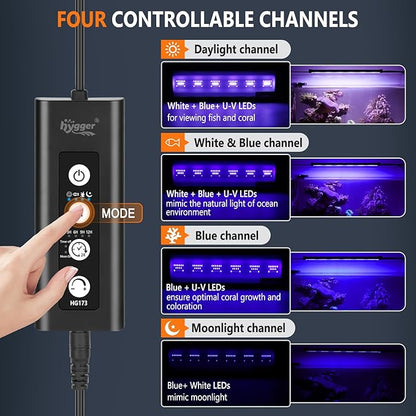 hygger 24/7 Mode Reef Aquarium Light White Blue U-V LEDs with 4 Channels Dimmer Timer Saltwater LED Light for LPS/Soft Coral/Fish Only Tank 12'' 30 Minutes Ramp Up & Down hygger