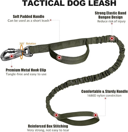 Tactical Dog Collar and Bungee Leash, Camo Military Dog Collar & Leash Set with USA American Flag Adjustable K9 Collar with Heavy Duty Metal Buckle & Handle,with Patches and Airtags Case (L, Green) Celifelight
