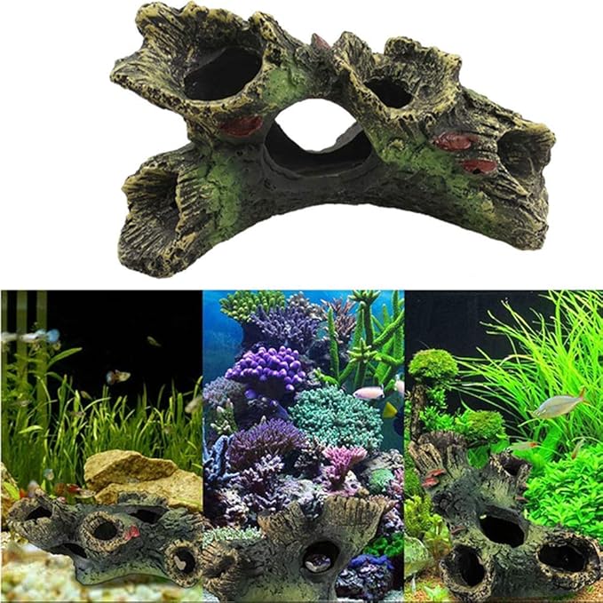 DoubleWood 2 PCS Decaying Trunk Aquarium Betta Fish Ornament Driftwood Resin Crafts Ornament for Aquarium Decoration Fish Tank Wood with Holes & Aquarium Caves Fish Tank Wood Decor DoubleWood