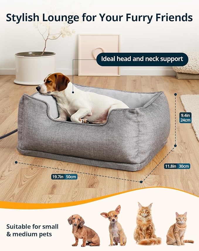 Heated Cat Bed Indoor, Heated Pet Bed with Adjustable Temperature & Timer, Pet Heating Pad for Kittens, Puppies, Dogs, Cats in Winter, UL & FCC Certified - PAWPICO