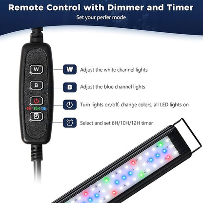 Tatub 16W LED Aquarium Light for 24"-30" Fish Tank, Full Spectrum Fish Tank Light with White Blue Red Green LEDs, 10 Levels of Brightness，Timer Auto On/Off Tatub