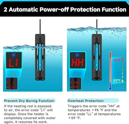 AQQA Aquarium Heater, 300W/500W/800W/1000W Submersible Fish Tank Heater with Rapid Heating Quartz Tubes and Precise Dual Digital Display Controller for Up to 200 Gallon Seawater Freshwater Fish Tank AQQA