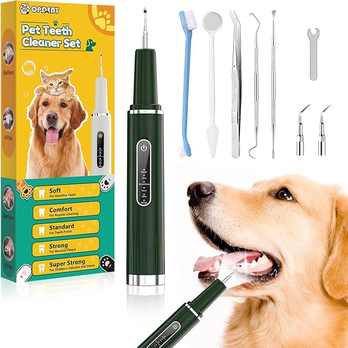 Dog Plaque Remover for Teeth - Pet Ultrasonic Tooth Cleaner, 6 Adjustable Modes Dog Teeth Cldaning Kit with LED Light, Cats and Dogs Tartar Remover for Teeth (Green, Large) PAWPICO