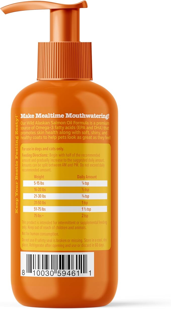 Wild Alaskan Salmon Oil Formula for Dogs & Cats - Omega 3 Skin & Coat Support - Liquid Food Supplement for Pets - Natural EPA + DHA Fatty Acids for Joint Function, Immune & Heart Health 8.5oz ZestyPaws