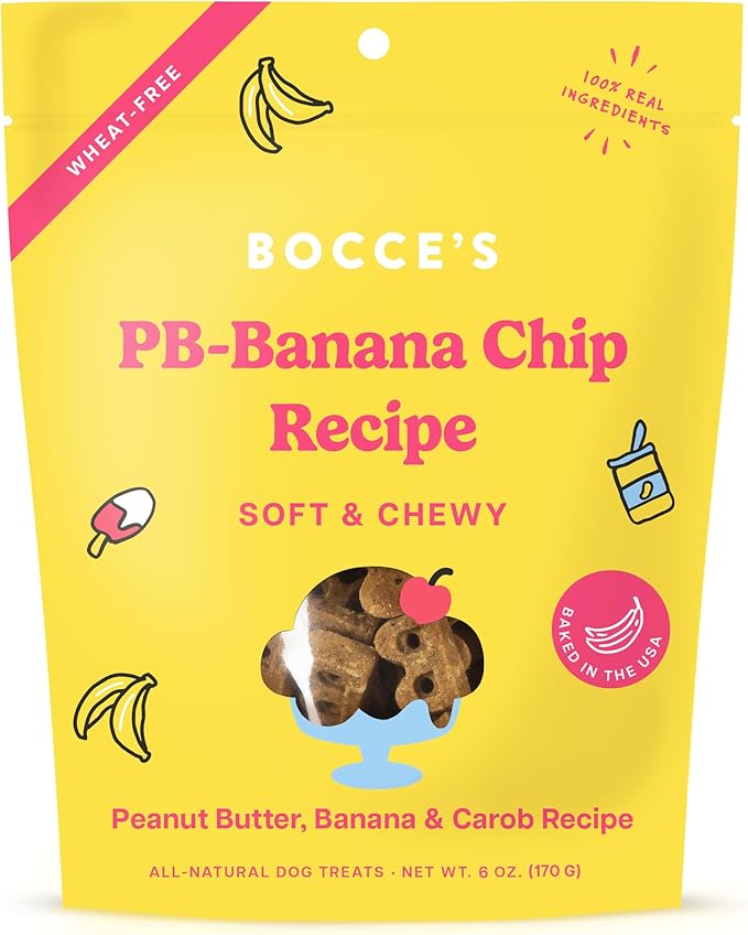 Bocce's Bakery PB Banana Chip Recipe Treats for Dogs, Wheat-Free Everyday Dog Treats, Real Ingredients, Baked in The USA, All-Natural Soft & Chewy Cookies, Peanut Butter, Bananas, & Carob, 6 oz - PAWPICO