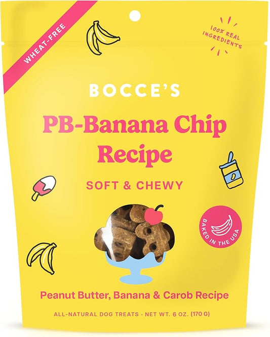 Bocce's Bakery PB Banana Chip Recipe Treats for Dogs, Wheat-Free Everyday Dog Treats, Real Ingredients, Baked in The USA, All-Natural Soft & Chewy Cookies, Peanut Butter, Bananas, & Carob, 6 oz - PAWPICO