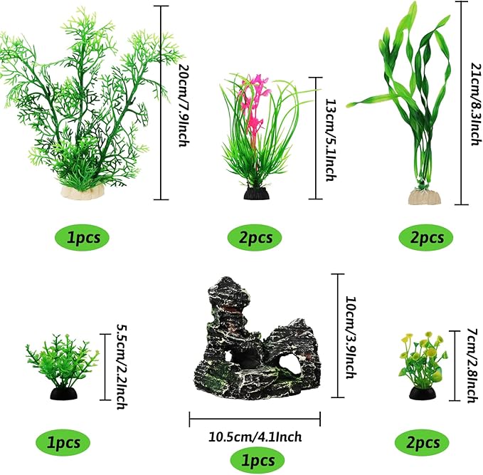 Fish Tank Accessories Aquarium Decorations Plants, 9pcs Green Fish Tank Decorations Plants and Cave Rock Decoration Decor Set, Aquarium Decor Plastic Plants PAWPICO