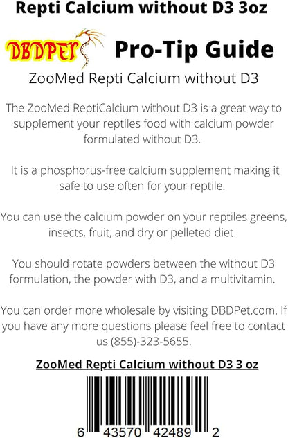 DBDPet Repti Calcium Without D3 (3oz) - Includes Attached Pro-Tip Guide DBDPet