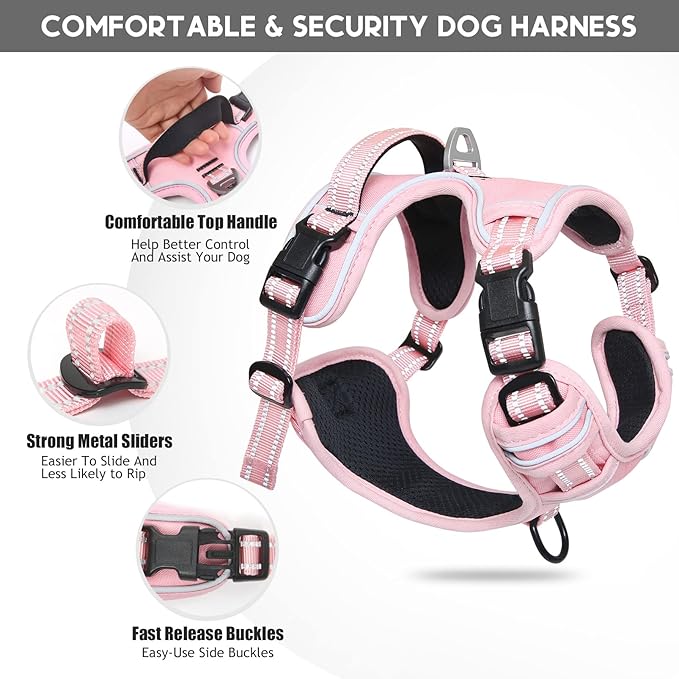 Timos Dog Harness, 3 Snap Buckles No-Pull Soft Padded Dog Vest with 2 Metal Leash Clips, Adjustable Reflective No Choke Pet Harness with Easy Control Handle for Large Dogs,Pale Pink,L Timos