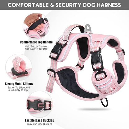 Timos Dog Harness, 3 Snap Buckles No-Pull Soft Padded Dog Vest with 2 Metal Leash Clips, Adjustable Reflective No Choke Pet Harness with Easy Control Handle for Large Dogs,Pale Pink,L Timos
