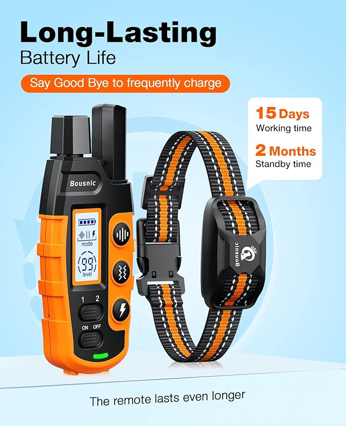 Bousnic Dog Shock Collar - 3300Ft Dog Training Collar with Remote for 5-120lbs Small Medium Large Dogs Rechargeable Waterproof e Collar with Beep (1-8), Vibration(1-16), Safe Shock(1-99) (Orange) BOUSNIC