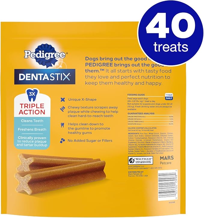 PEDIGREE DENTASTIX Large Dog Dental Treats Original Flavor Dental Bones, 2.08 lb. Value Pack (40 Treats) - PAWPICO
