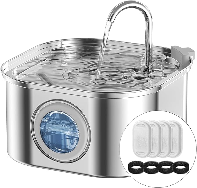 Cat Water Fountain Stainless Steel: 108oz/3.2L Automatic Pet Water Fountain - Dog Water Dispenser with Water Level Window - for Cats Inside with 4 Replacement Filters and 4 Sponge… - PAWPICO