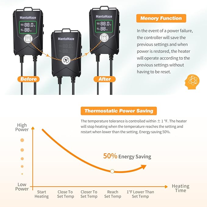 Aquarium Heater 300W/500W/800W/1000W for 20-300 Gal, Fish Tank Heater with Intelligent Leaving Water Automatica Stop Heating and Overheating Protection, for Freshwater & Saltwater MantaMaze