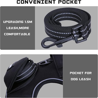 No Pull Dog Harness for Medium Dogs, Adjustable No Choke Pet Vest with Dog Leash Fit Smart Reflective Pet Walking Harness for Training Easy Control Soft Handle Black XL BUMBIN