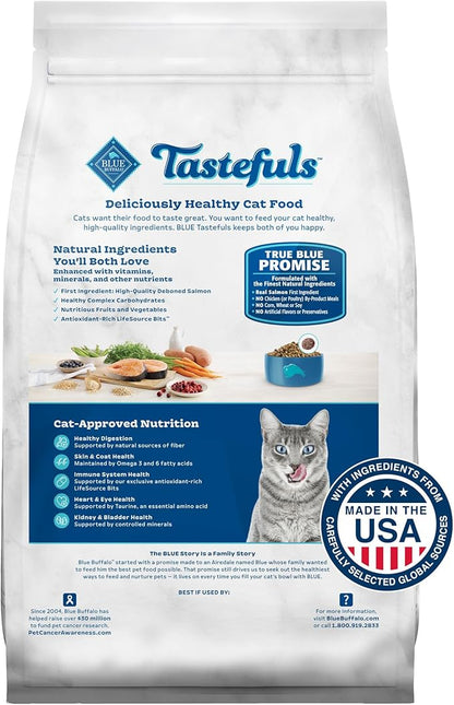 Blue Buffalo Tastefuls Natural Dry Food for Adult Indoor Cats, Salmon & Brown Rice Recipe, 15-lb. Bag - PAWPICO