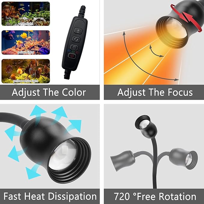 Aquarium Light Focus Light for Fish Tank Indoor LED Light Big Clip Lamp Adjustable Focus (White-Yellow with Timer) PAWPICO