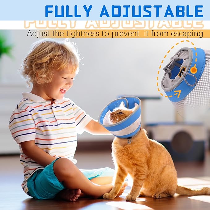 Cat Cone, Breathable Cat Cone Collar Soft, Adjustable Cat Cone to Stop Licking, Water Resistant Neck Cone for Cats with Air Mesh, Protective Cat Recovery E Collar for Cat Kitten（Blue,M-5 GoGoPaw