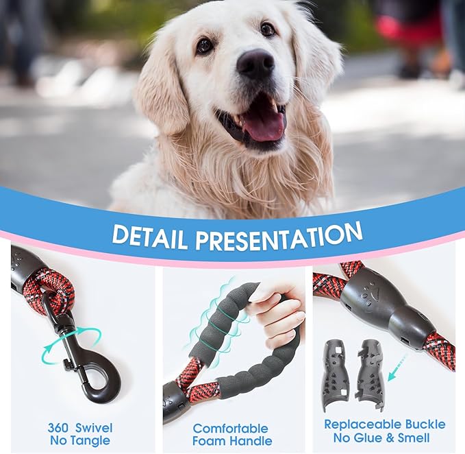 BAAPET 2/4/5/6 FT Dog Leash with Comfortable Padded Handle and Highly Reflective Threads for Small Medium and Large Dogs (5FT-1/2'', Black Red) BAAPET