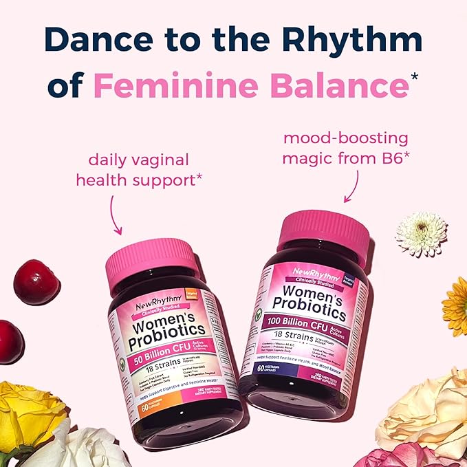 NewRhythm Women's Probiotics, Organic Cranberry for Women's Vaginal Health, 50 Billion CFU 18 Strains, Probiotics and Prebiotics, Support Digestive Health, 60 Vegan Capsules NewRhythm
