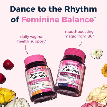 NewRhythm Women's Probiotics, Organic Cranberry for Women's Vaginal Health, 50 Billion CFU 18 Strains, Probiotics and Prebiotics, Support Digestive Health, 60 Vegan Capsules NewRhythm