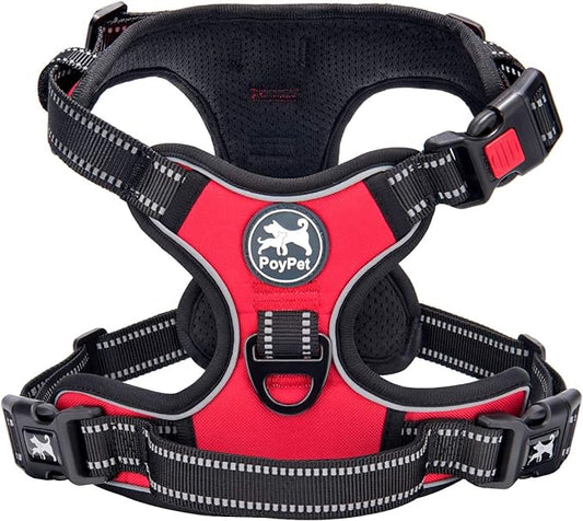 PoyPet No Pull Dog Harness, No Choke Front Clip Dog Reflective Harness, Adjustable Soft Padded Pet Vest with Easy Control Handle for Small to Large Dogs(Red,M) PoyPet