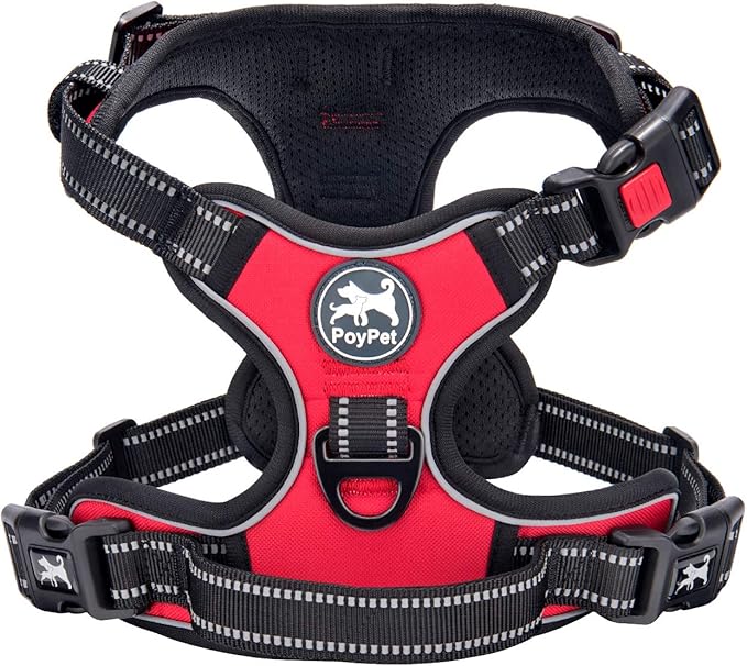 PoyPet Dog Harness No Pull, Reflective Adjustable No Choke Pet Vest with Front & Back Clips, Soft Padded and Control Training Handle for Large Dogs (Red, XL) PoyPet